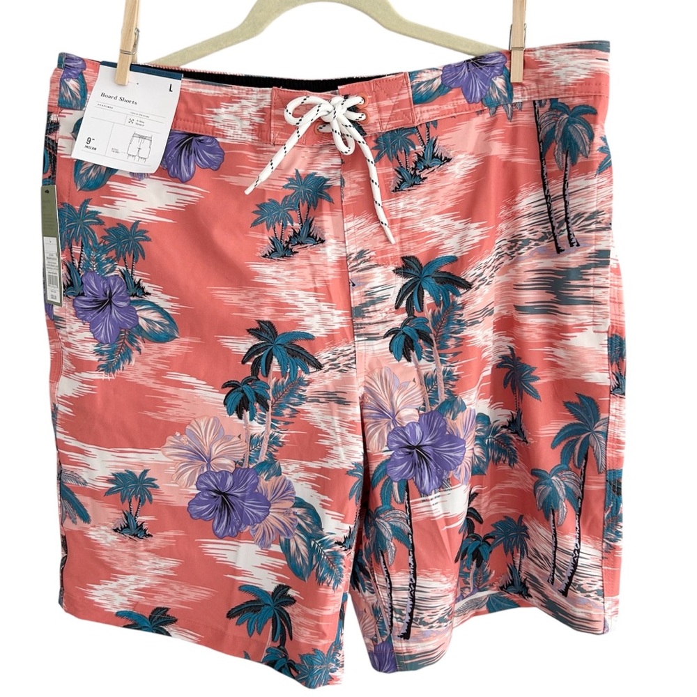NWT Goodfellow & Co Pink Hawaiian Island Knee Length Board Swim Shorts UPF 50 LG
